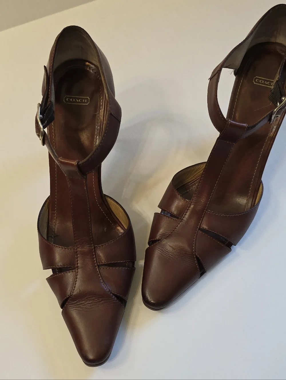 Coach Brown Leather T-Strap Pointed Heels - Picture 2 of 6